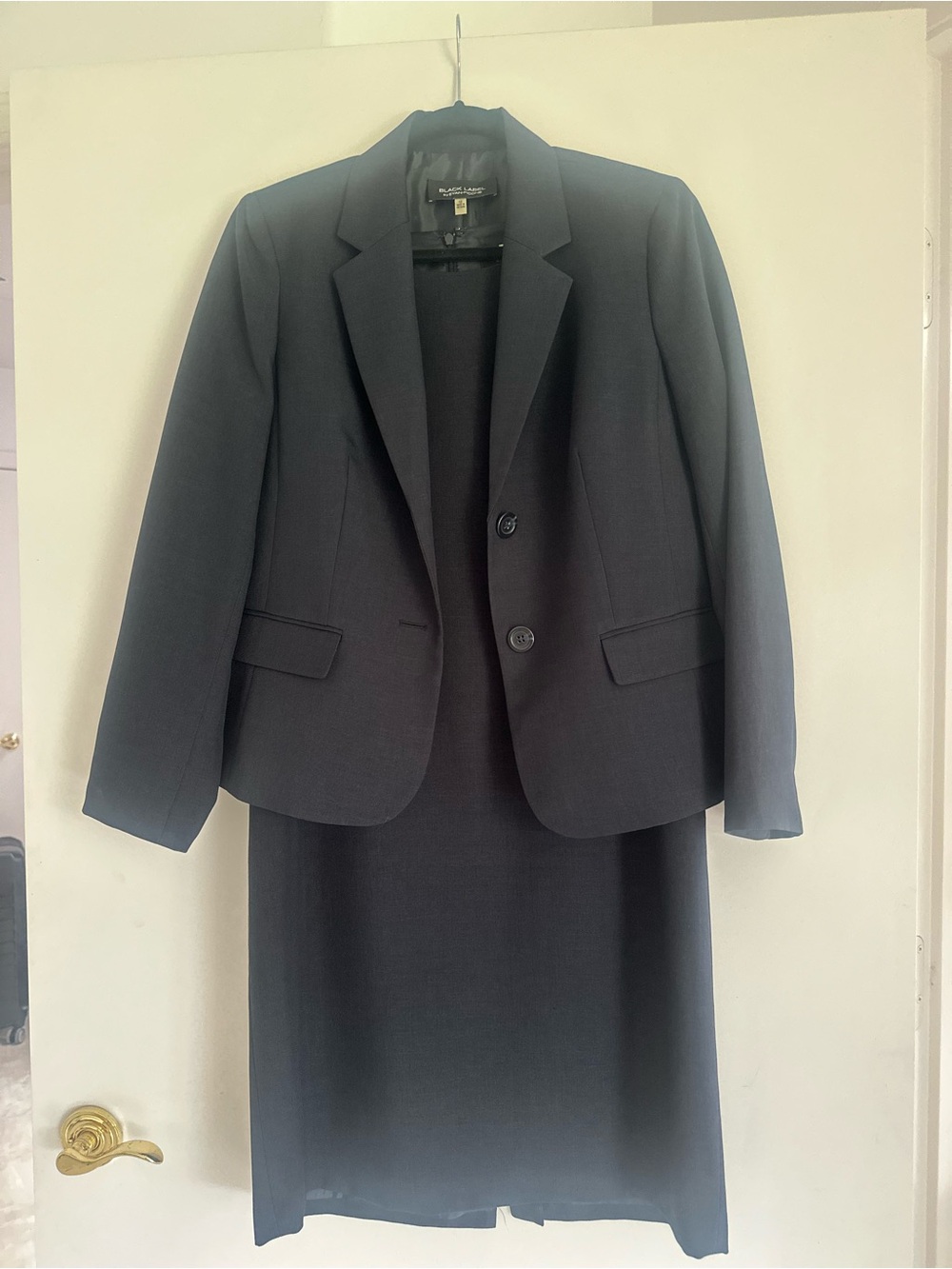 Navy DoubleButton Blazer over Navy Sheath Dress by Black Label.